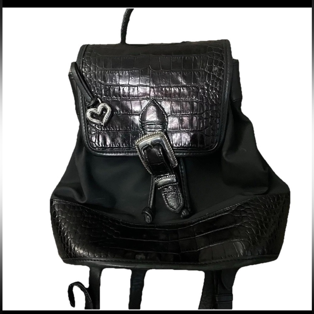 Brighton Black Leather Crocodile Embossed Backpack Purse